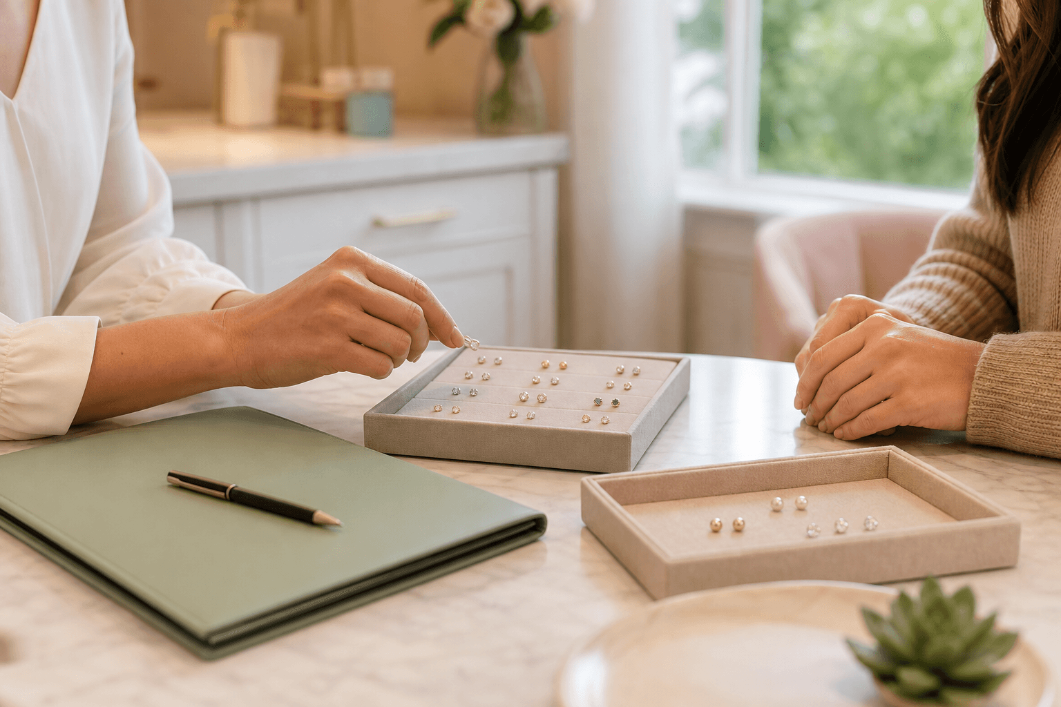 Sterile starter earring options arranged for an ear piercing cost consultation.