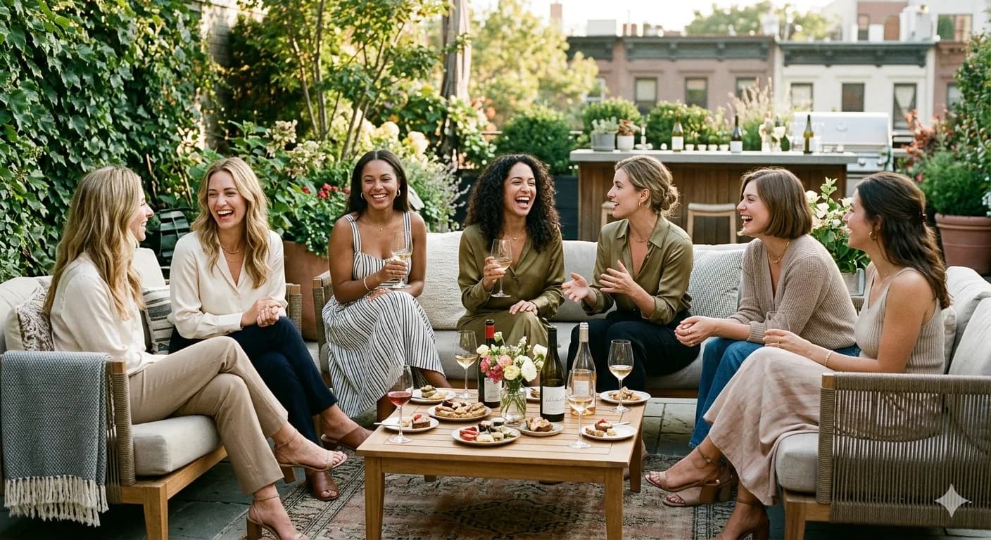 A stylish group of women laughing together at an intimate outdoor botox party gathering