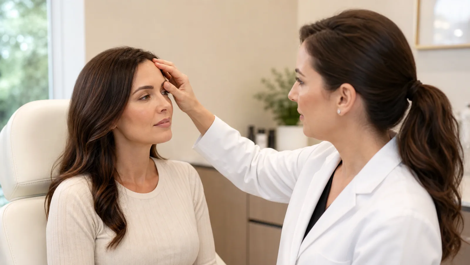 Clinical Botox consultation reviewing forehead movement and brow balance in Williamsburg, VA.