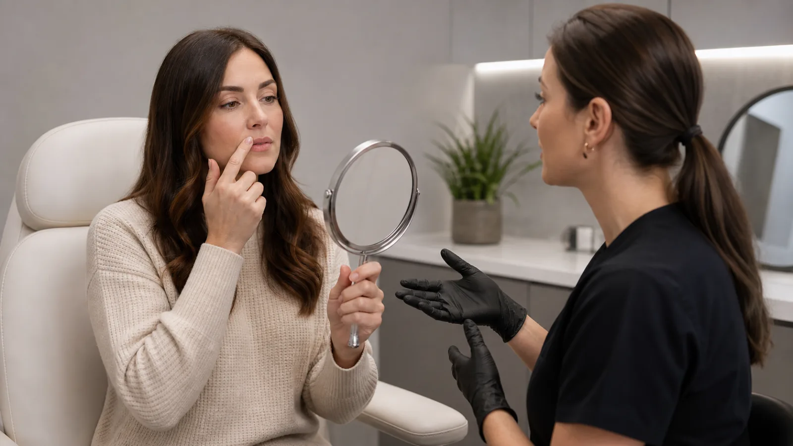 Clinical consultation comparing Botox lip flip planning and subtle upper-lip goals in Williamsburg, VA.